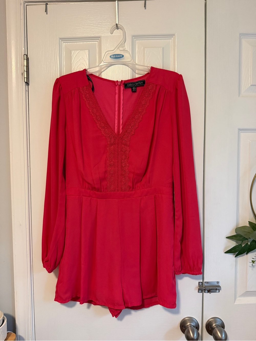 Women's Pink Lace-Trim Long-Sleeve Romper